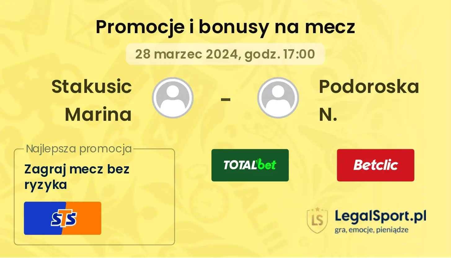 Stakusic Marina - Podoroska N. promocje bonusy na mecz