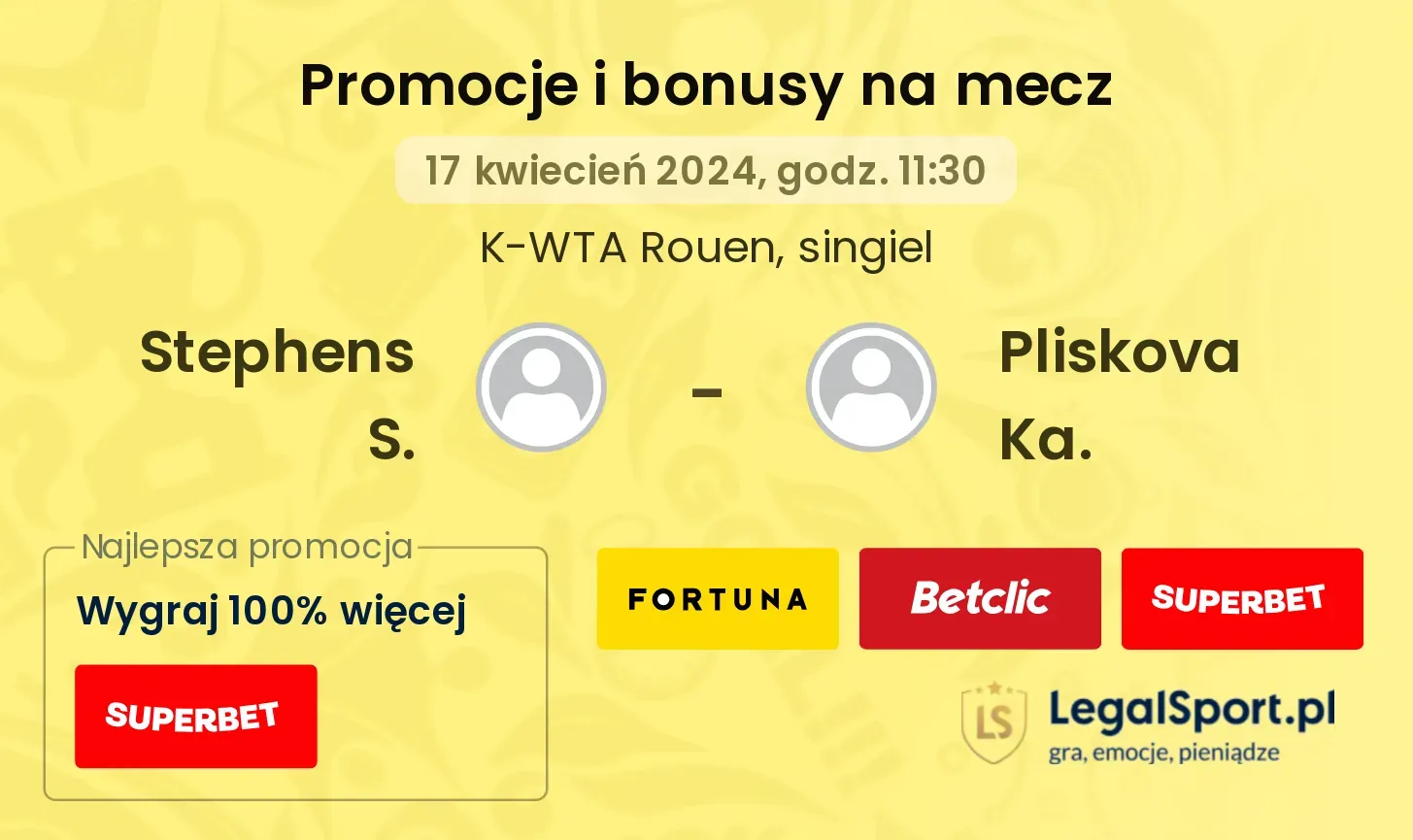 Stephens S. - Pliskova Ka. promocje bonusy na mecz