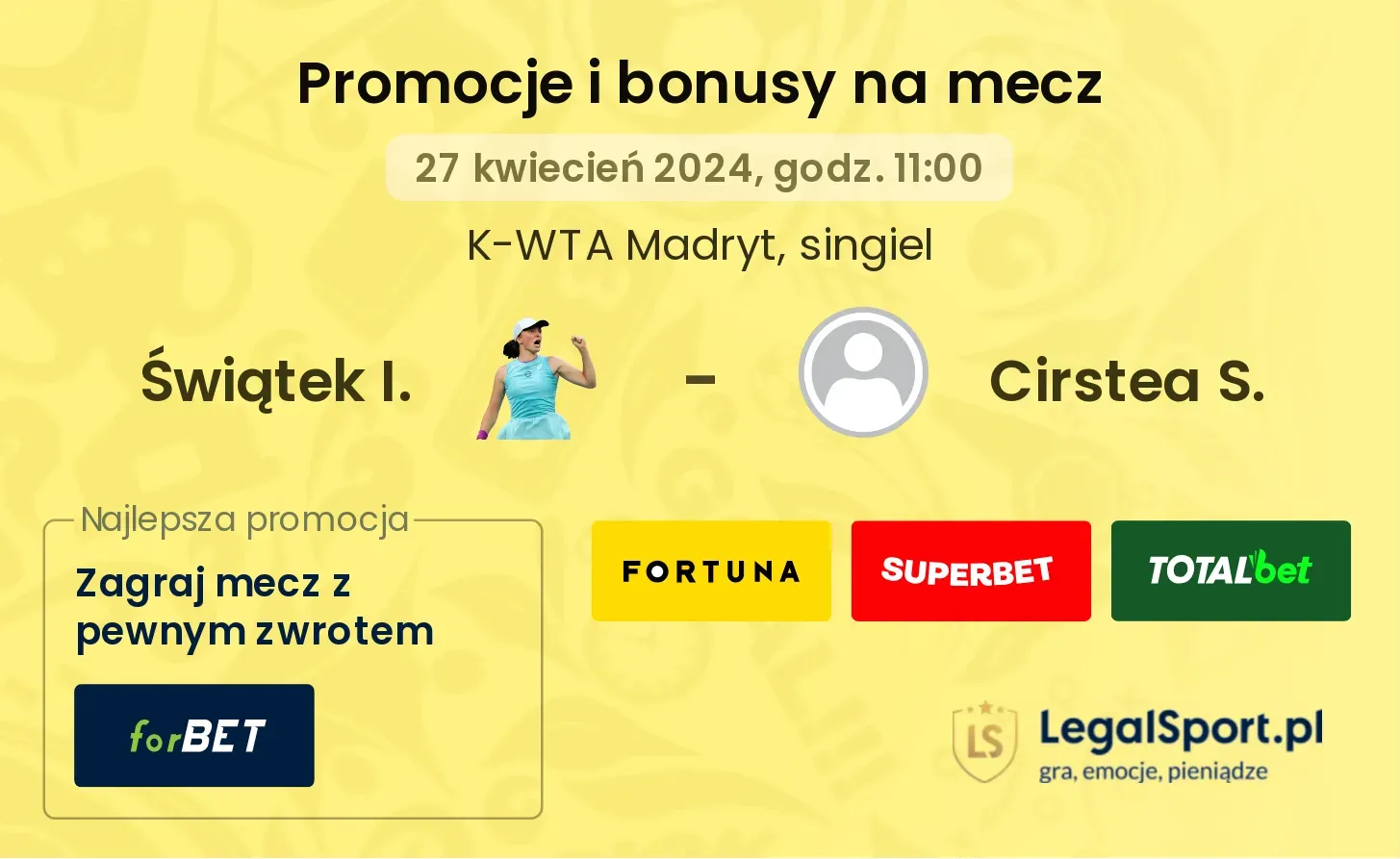 Świątek I. - Cirstea S. bonusy i promocje (27.04, 11:00)