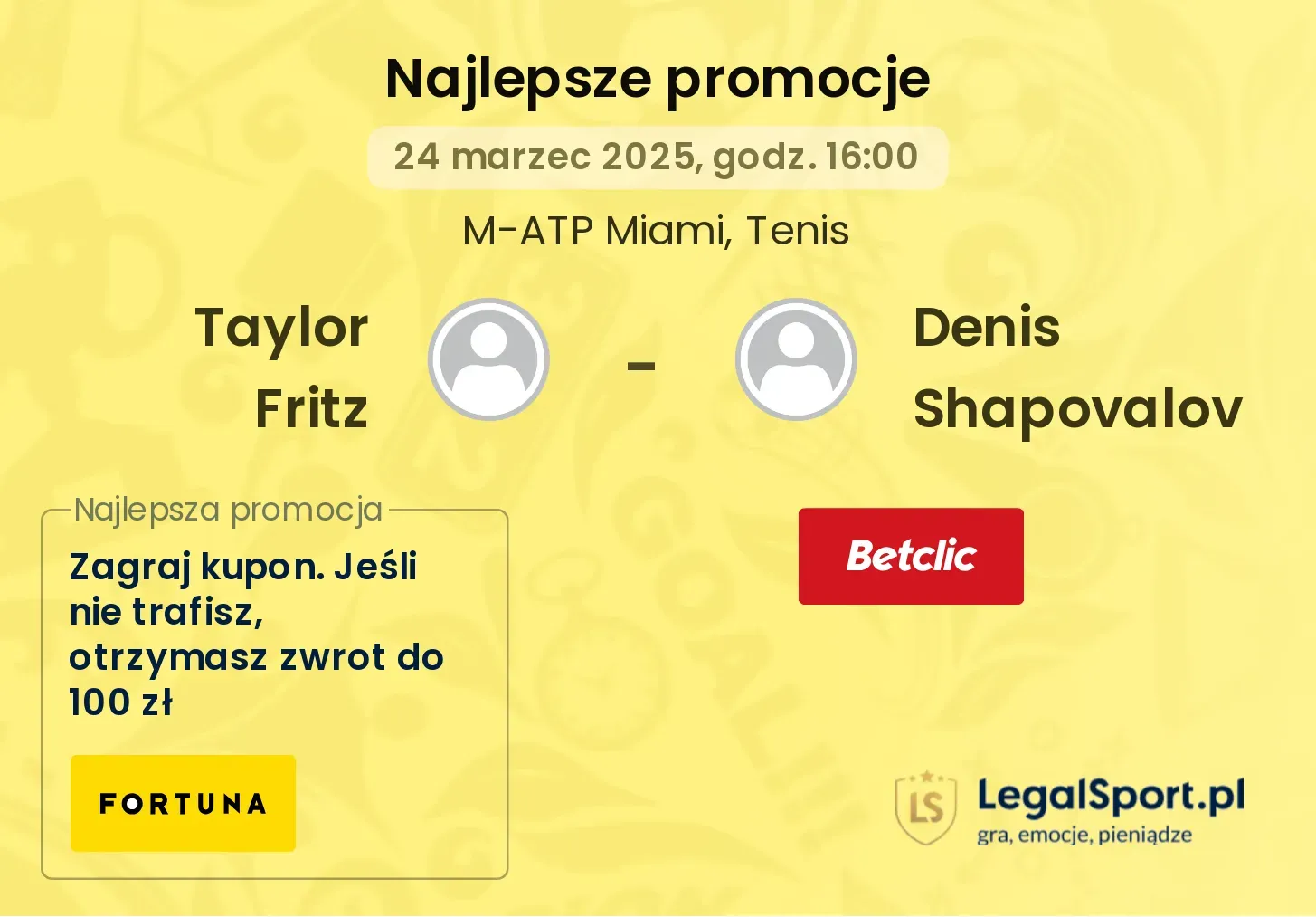 Taylor Fritz - Denis Shapovalov promocje u bukmacherów