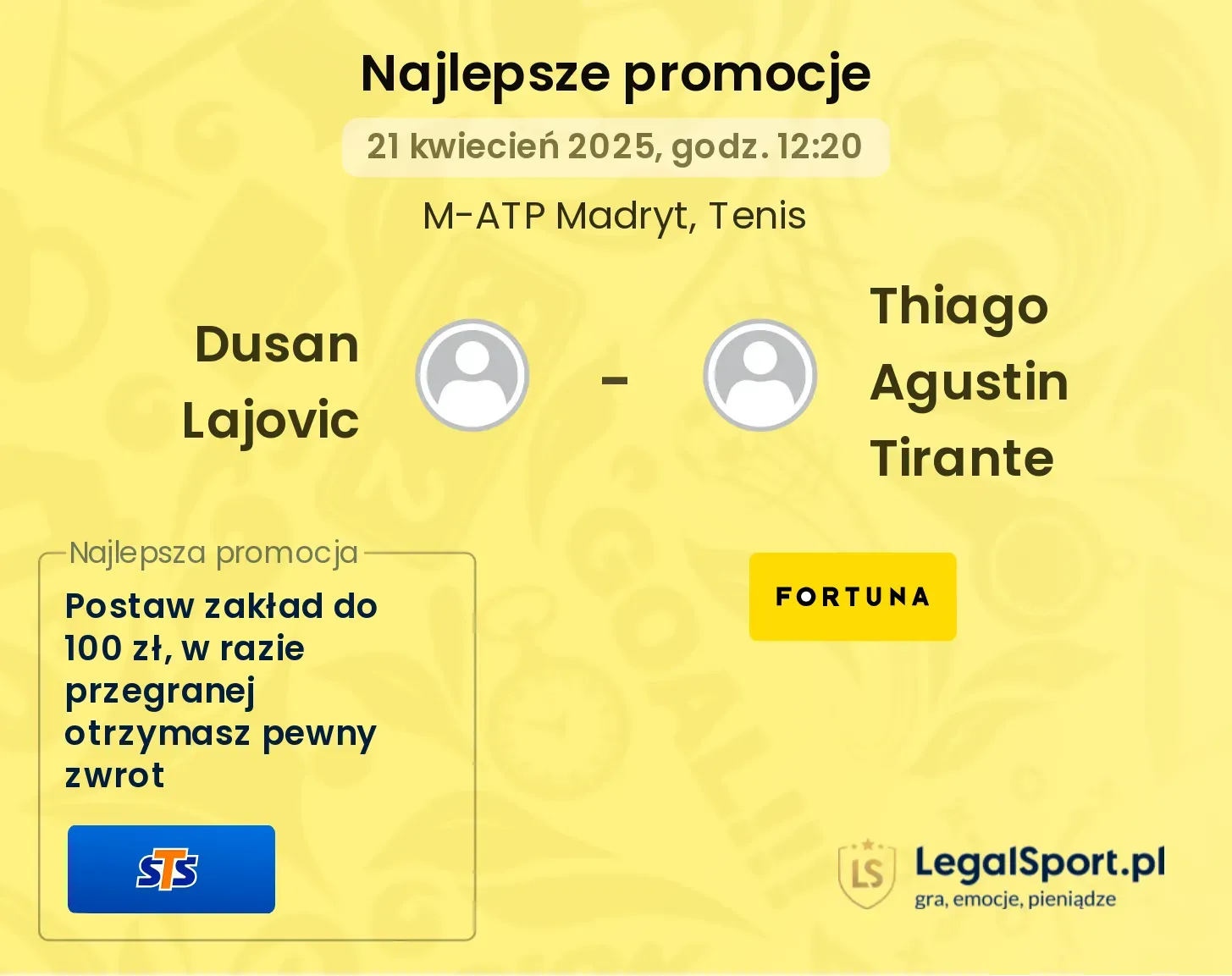 Dusan Lajovic - Thiago Agustin Tirante promocje bukmacherskie
