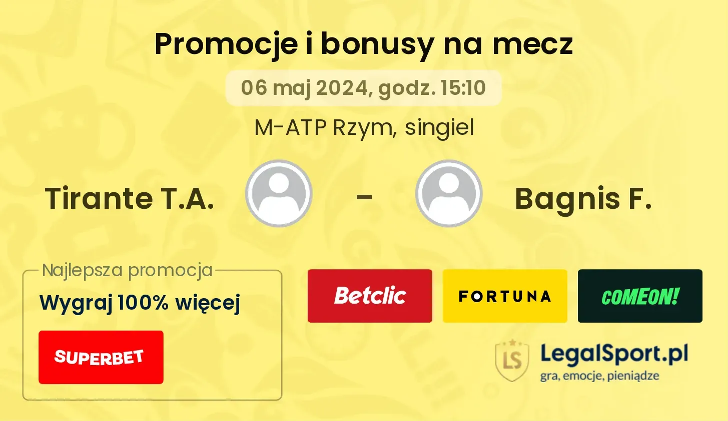 Tirante T.A. - Bagnis F. promocje bonusy na mecz