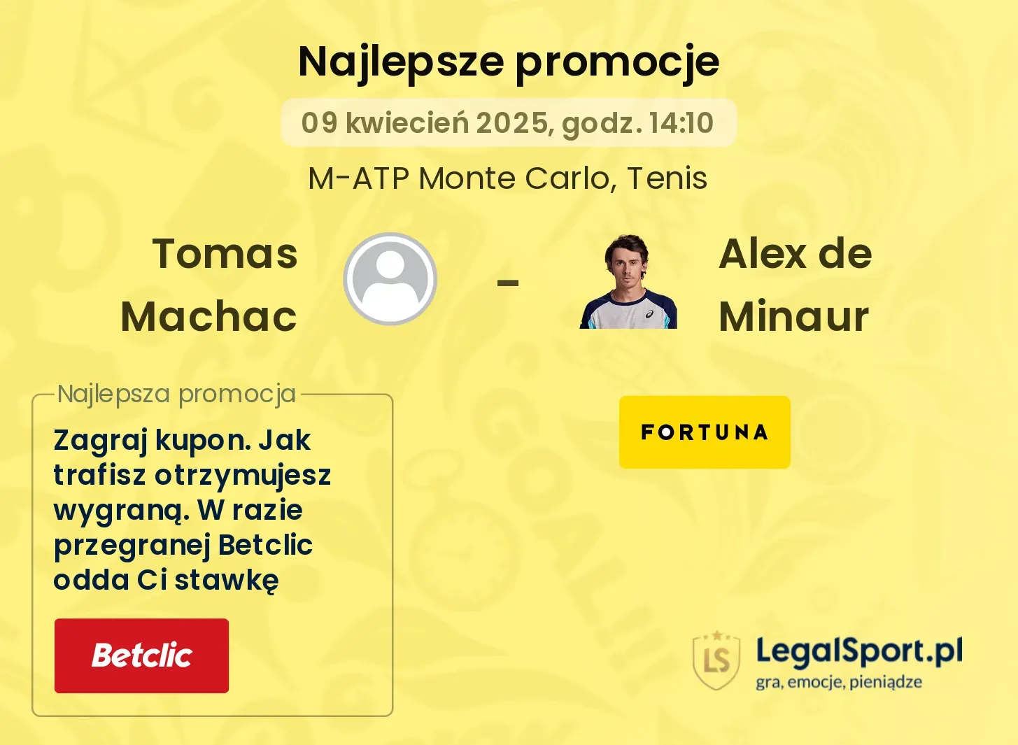 Tomas Machac - Alex de Minaur promocje bukmacherskie