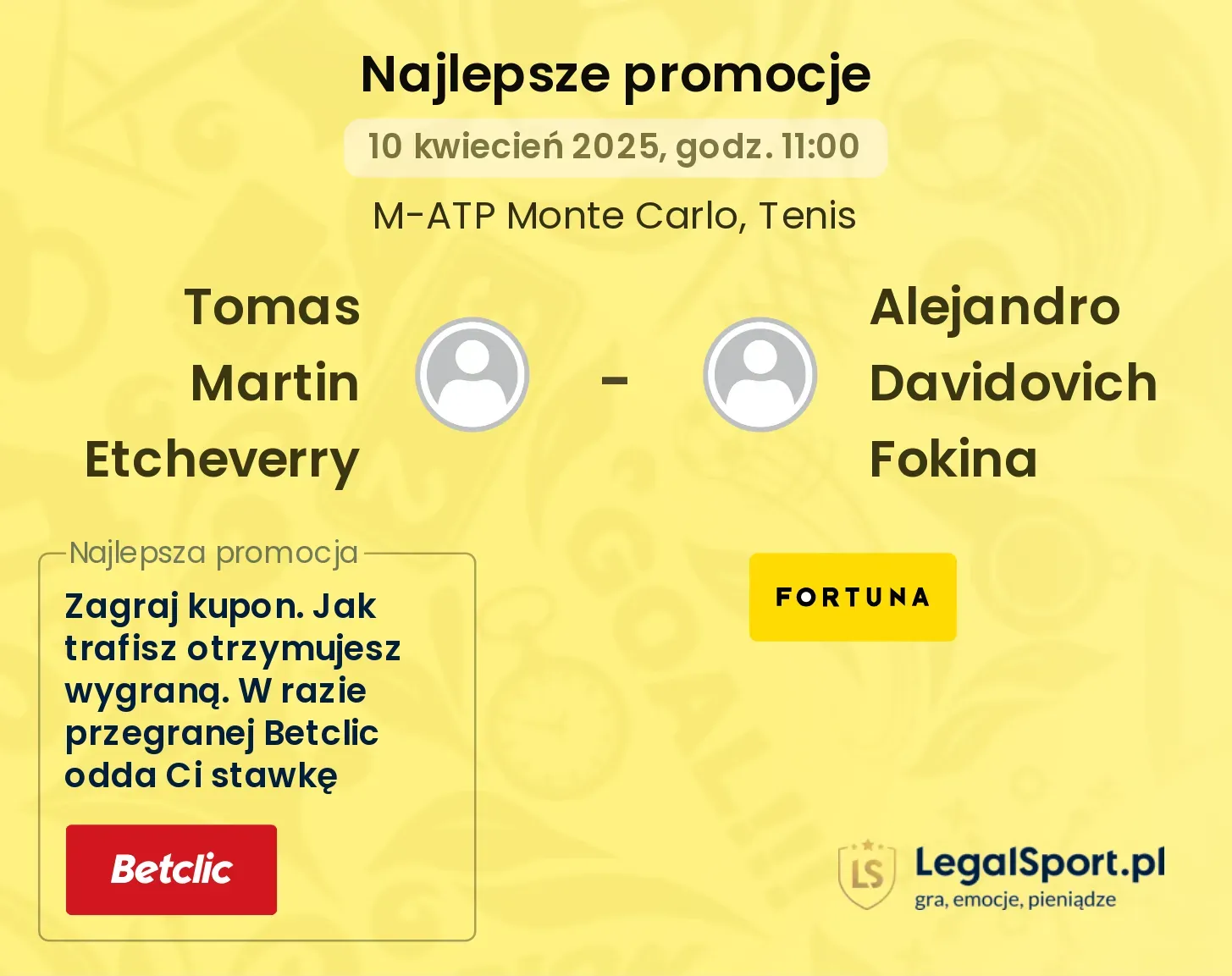 Tomas Martin Etcheverry - Alejandro Davidovich Fokina promocje u bukmacherów
