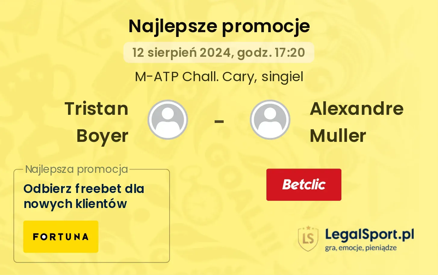 Tristan Boyer - Alexandre Muller promocje u bukmacherów (12.08, 17:20)