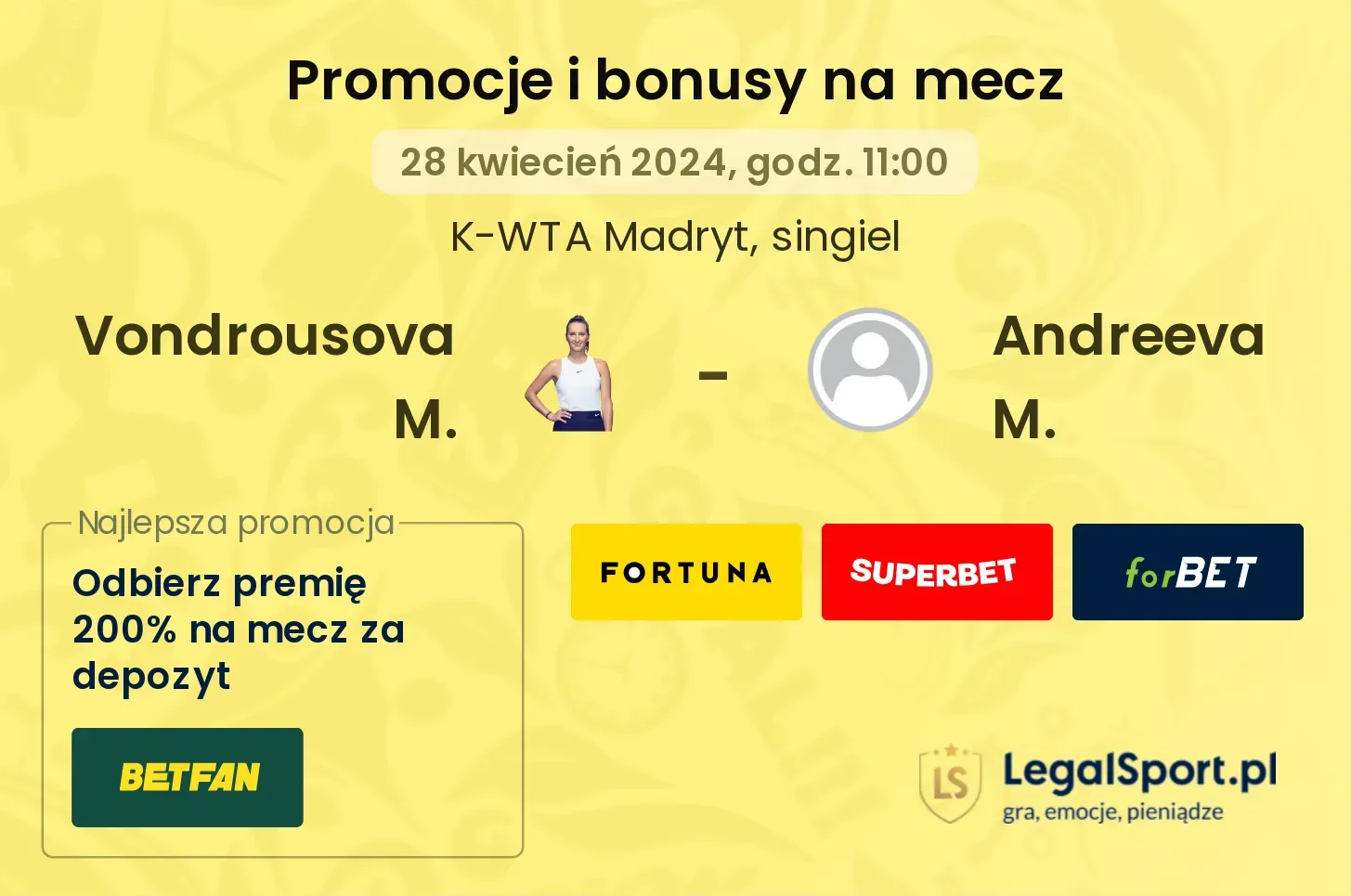 Vondrousova M. - Andreeva M. promocje bonusy na mecz