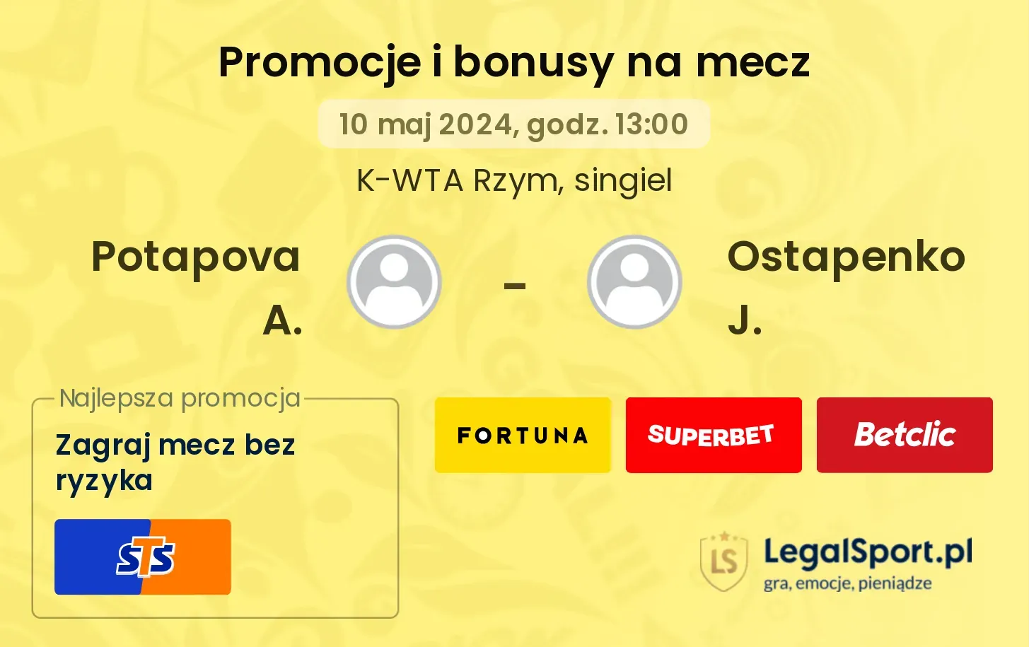 Potapova A. - Ostapenko J. promocje bonusy na mecz