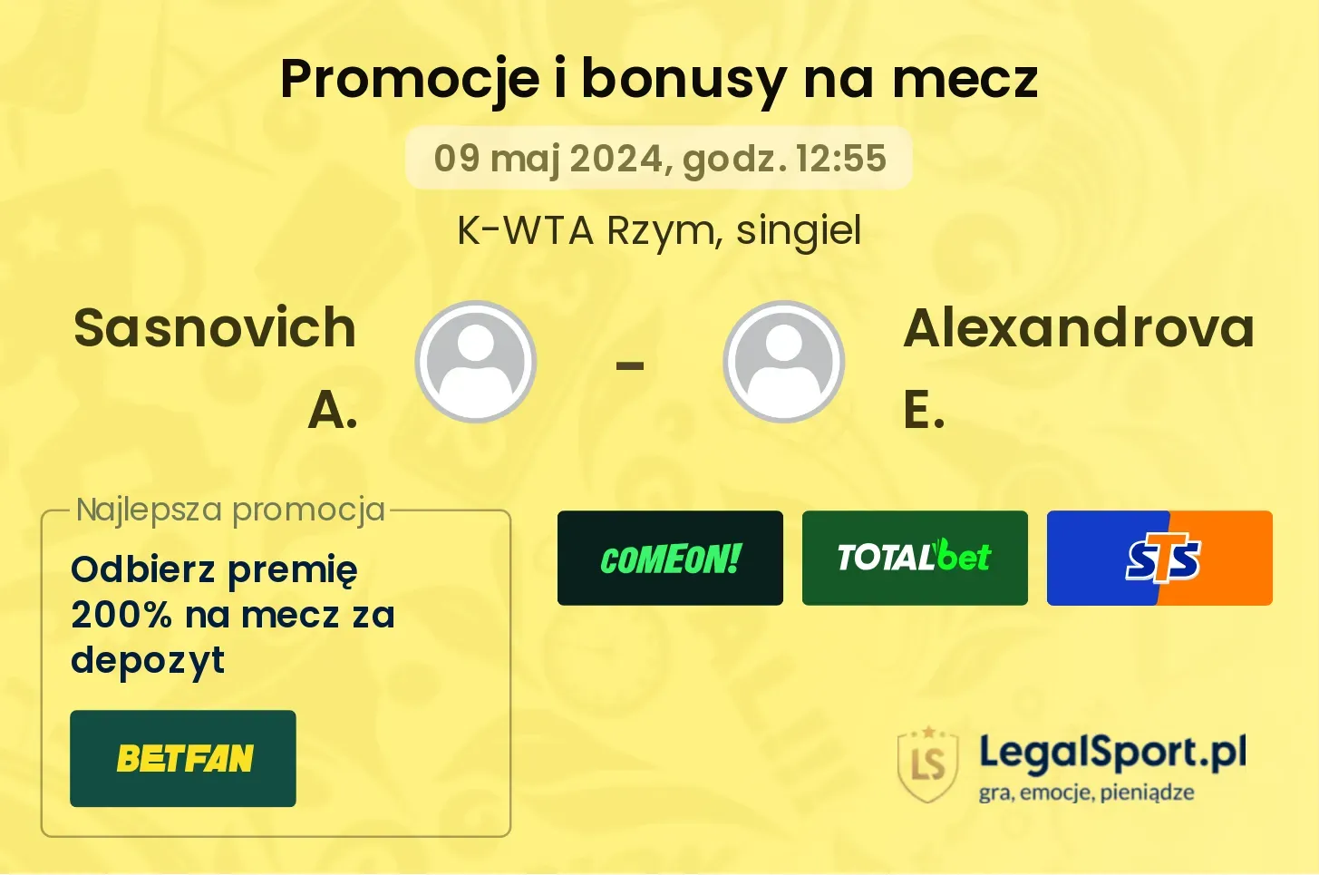 Sasnovich A. - Alexandrova E. promocje bonusy na mecz