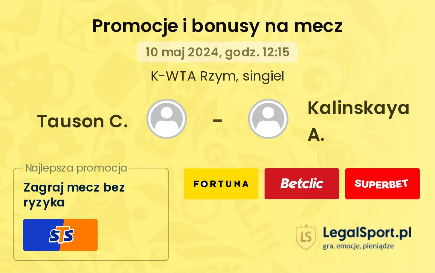 Tauson C. - Kalinskaya A. promocje bonusy na mecz