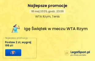 199 zł za wygrany mecz Świątek w WTA Rzym od STS. Wystarczy postawić 2 zł!