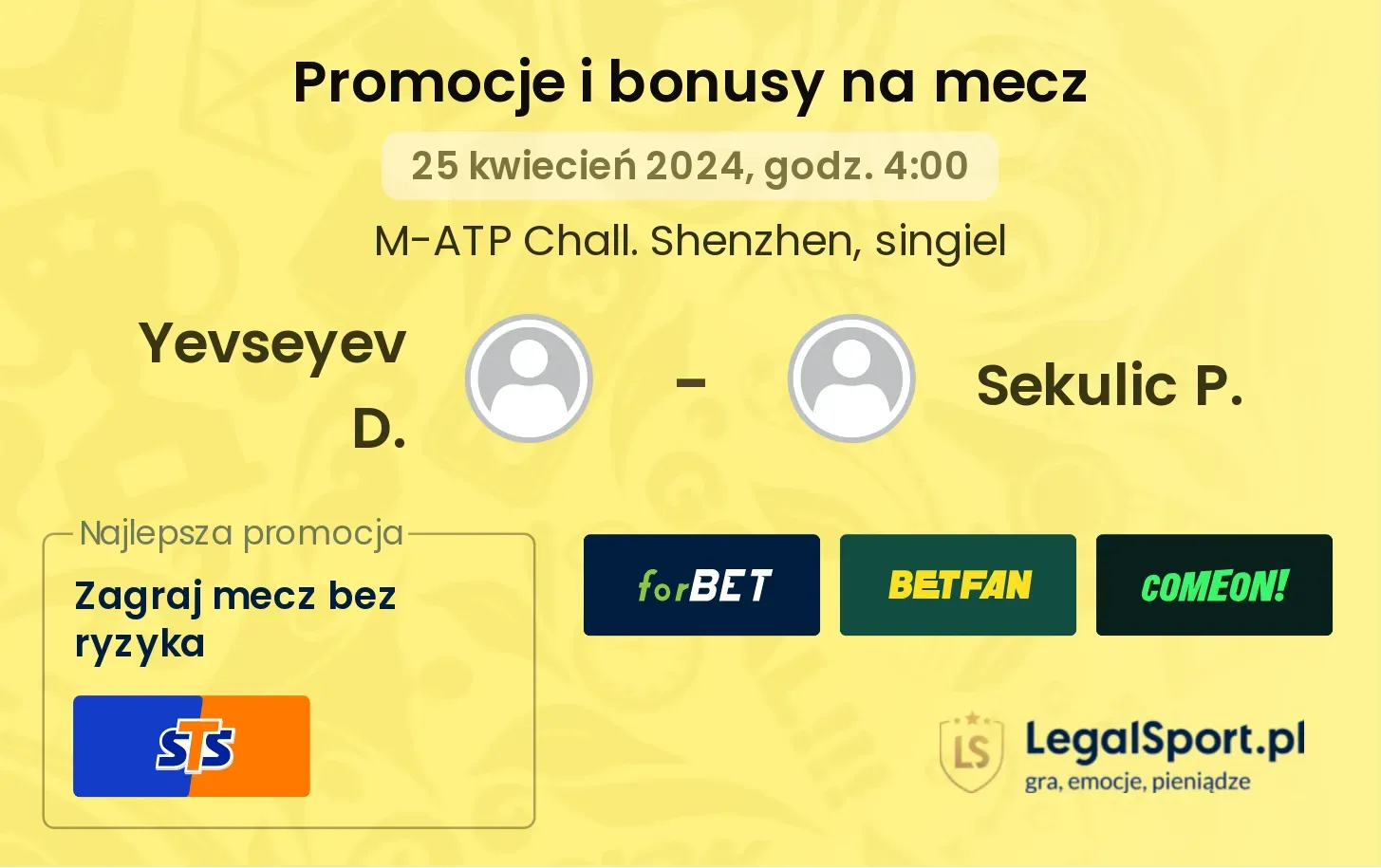 Yevseyev D. - Sekulic P. promocje bonusy na mecz