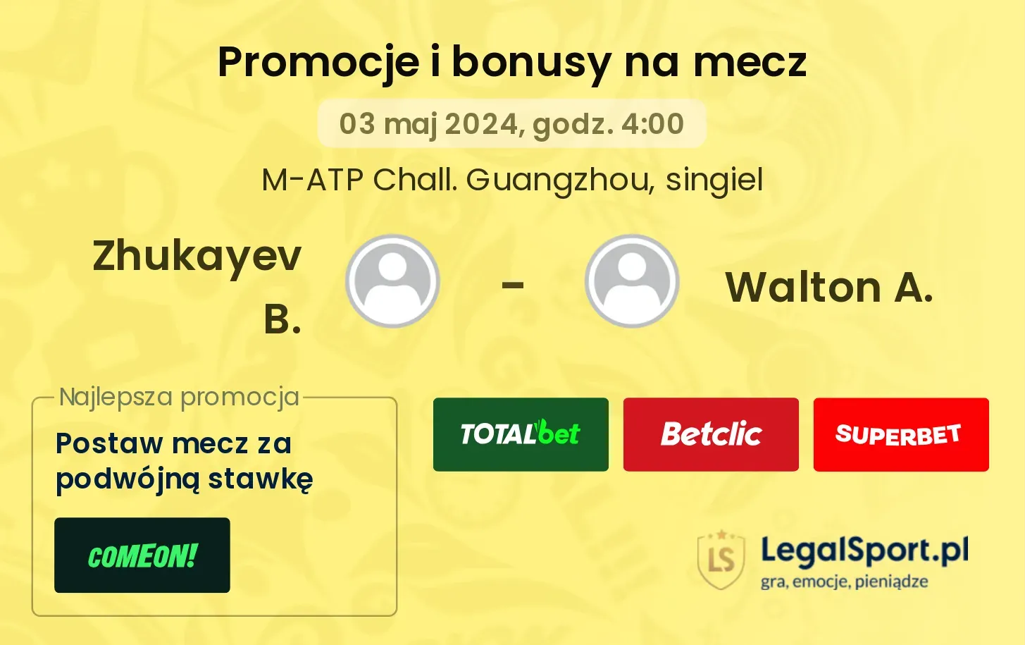 Zhukayev B. - Walton A. promocje bonusy na mecz