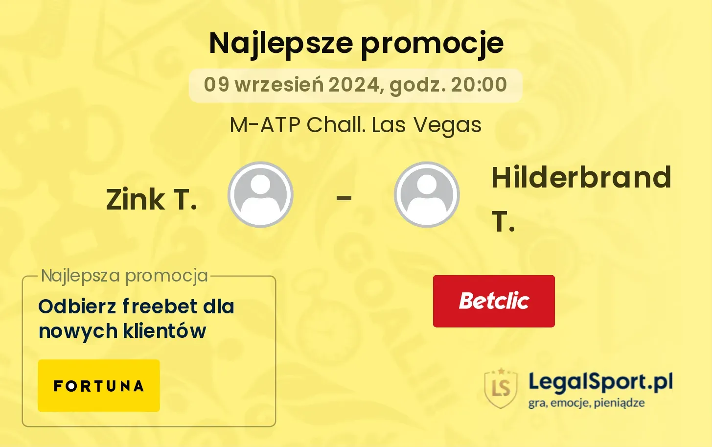 Zink T. - Hilderbrand T. promocje u bukmacherów 09.09, 20:00