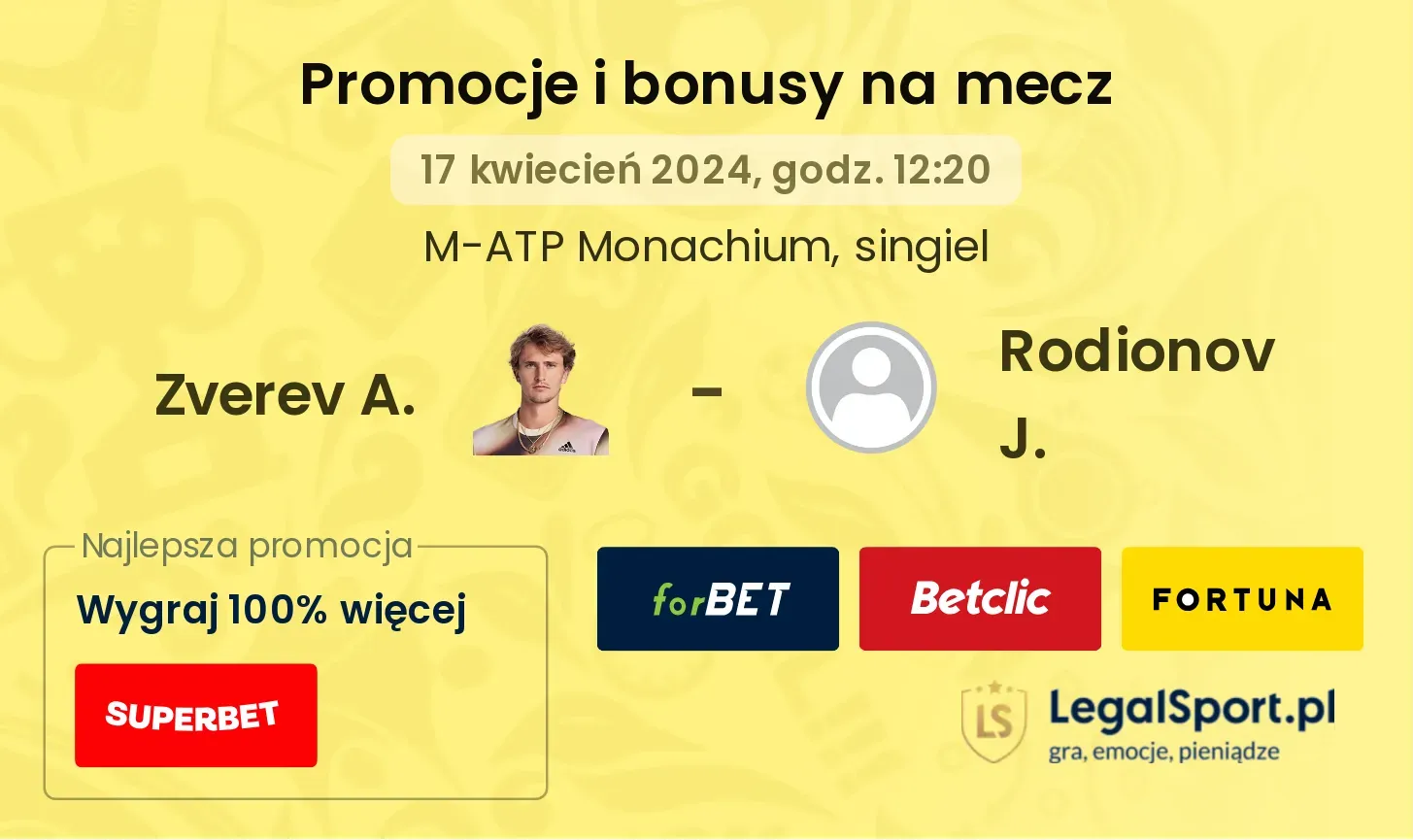 Zverev A. - Rodionov J. promocje bonusy na mecz