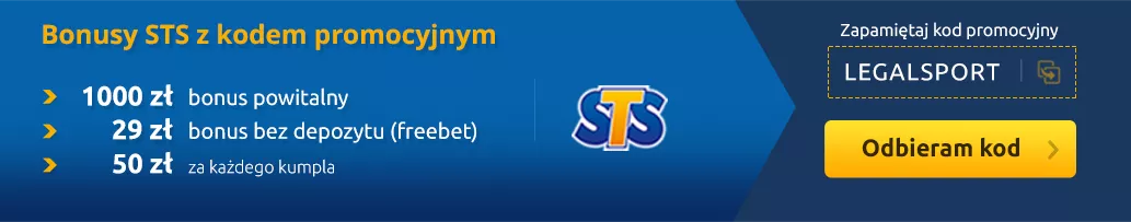 Baner z informacjami o bonusie powitalnym STS z kodem promocyjnym LEGALSPORT: VIP KONTO z kodem