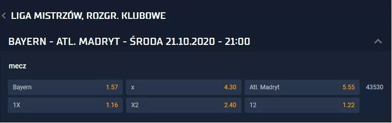 Bayern - Atletico, kursy 1x2 w STS
