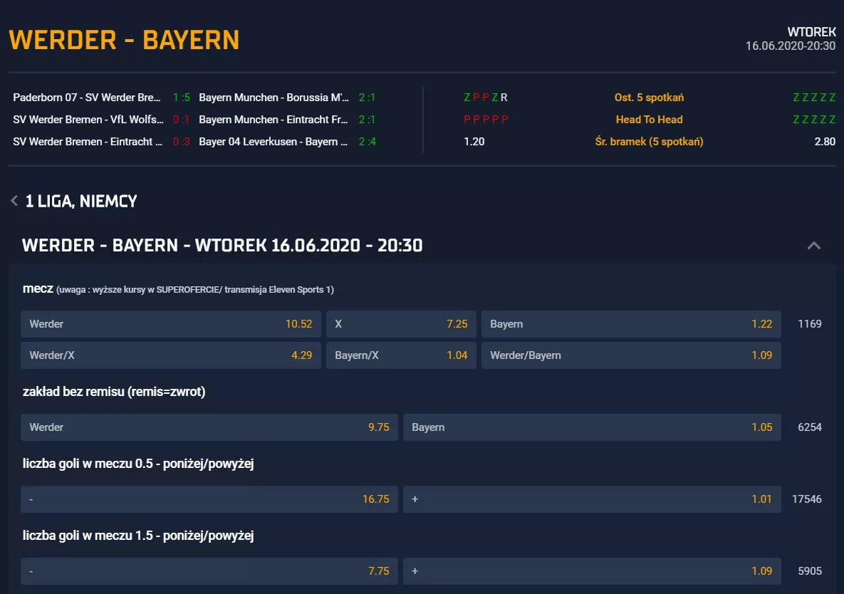 Kurs na liczbę goli, zwycięstwo w meczy Bayernu. Bez kodu promocyjnego grasz za cash.