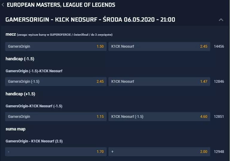 GamersOrigin vs K1ck eSports Club - typy na European Masters 2020 Spring w STS