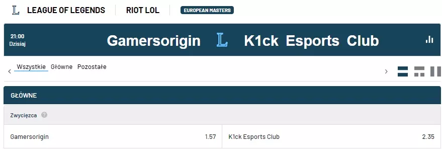 Zakłady bukmacherskie na mecz GamersOrigin vs K1ck eSports Club w ofercie TOTALbet