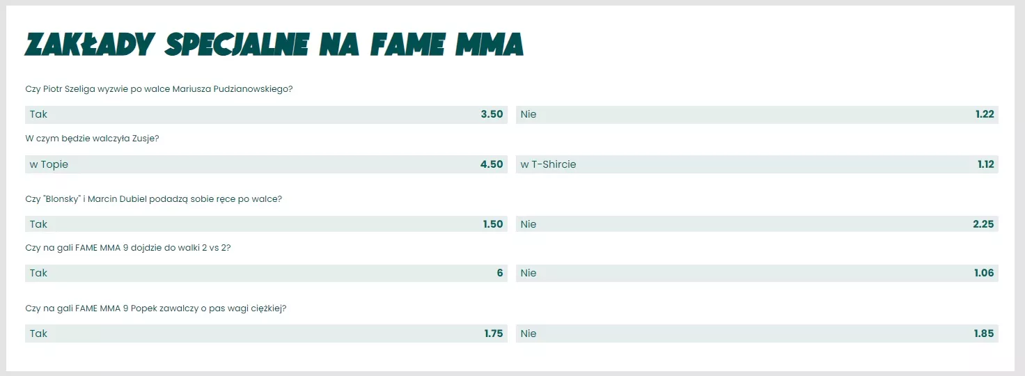 Zakłady specjalne na FAME MMA 8 w BETFAN Zakłady Bukmacherskie