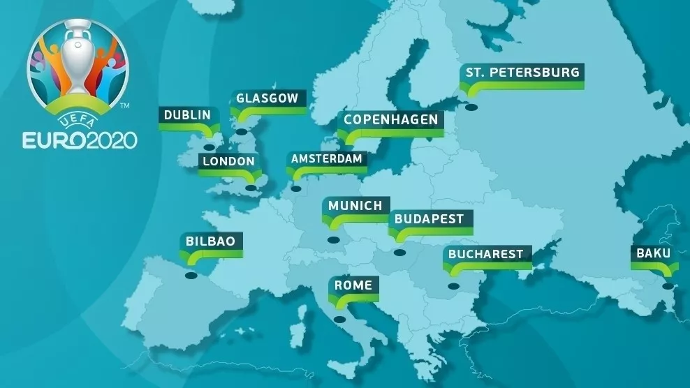 Grafika z mapą Europy, na której zaznaczone są miasta organizujące mecze Euro 2021
