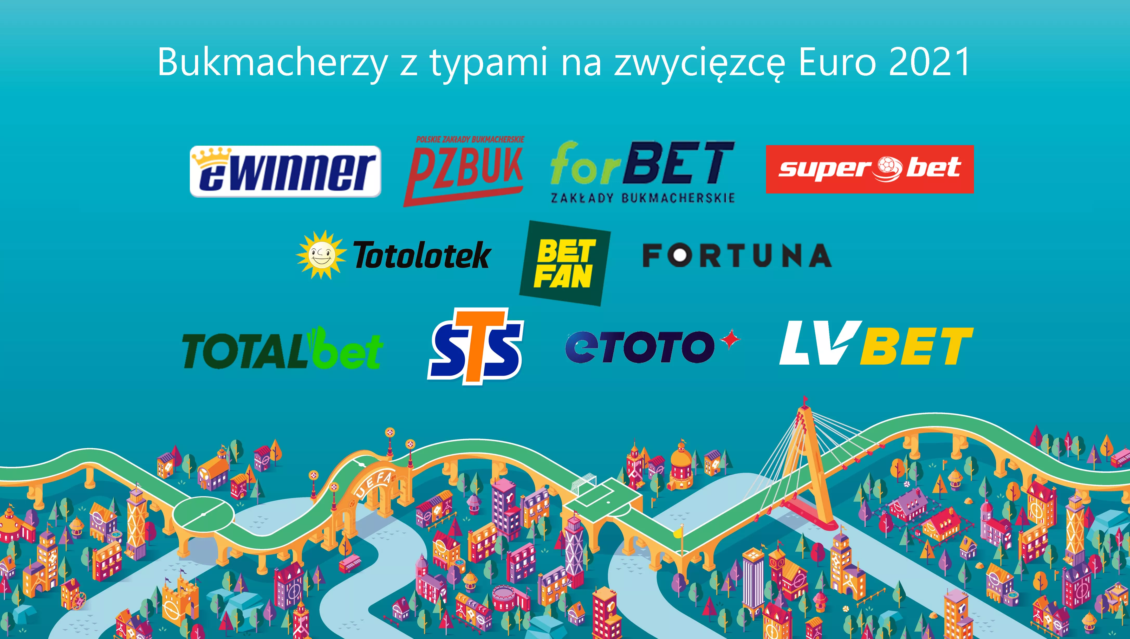 Grafika z bukmacherami, którzy udostępniają typerom zakłady na zwycięzcę Euro 2021