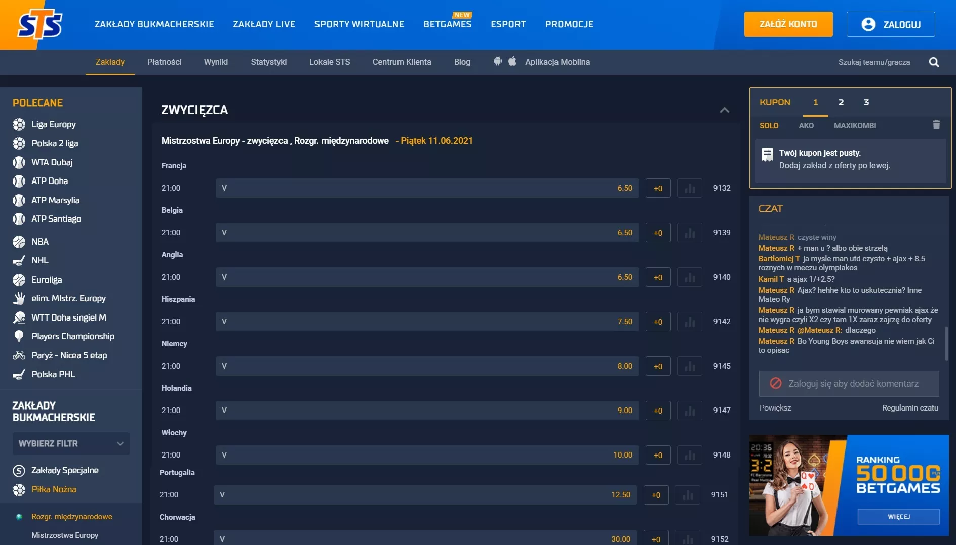 Zrzut ekranu ze strony sts z kursami na zwycięzcę EURO 2021