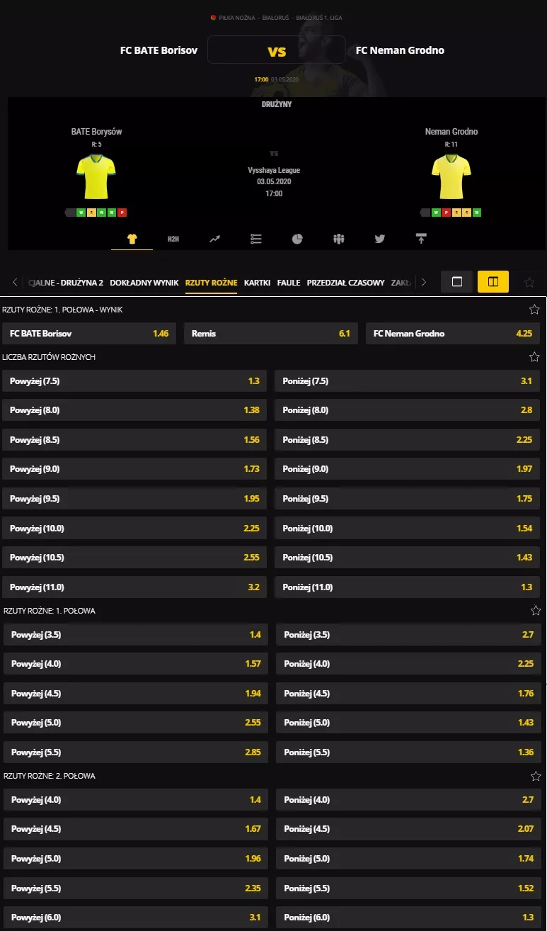 LVBET online - kursy i typy na mecz BATE Borysów vs Nioman Grodno