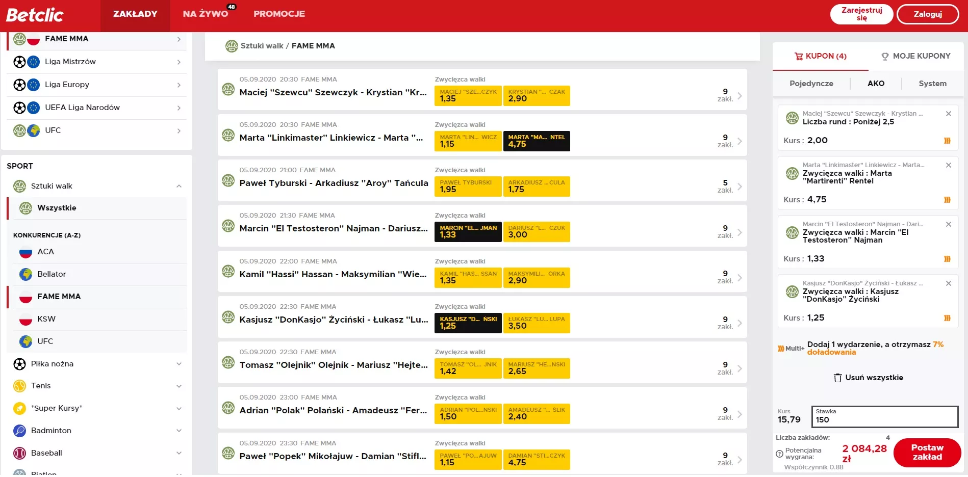 Przykładowy kupon bukmacherskie na FAME MMA 7 w Betclic Zakłady Bukmacherskie