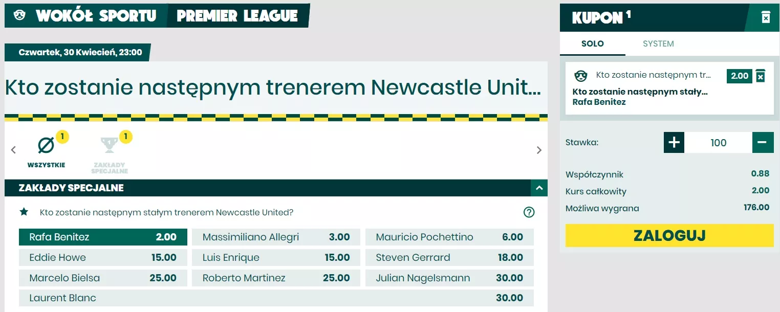 Kursy bukmacherskie na nowego trenera Newcastle United - kursy dostępne w BETFAN Zakłady Bukmacherskie