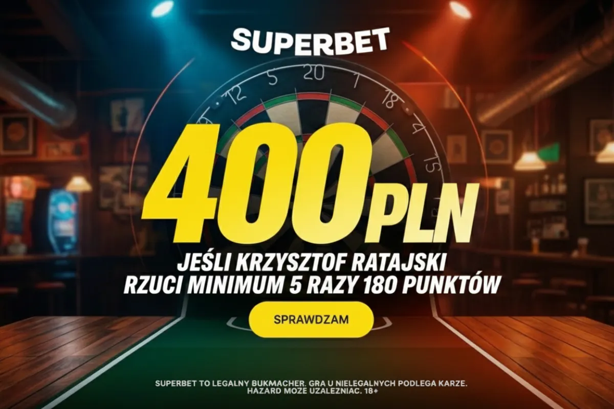 Superbet: Bonus 400 PLN jeśli Krzysztof Ratajski rzuci minimum 5 razy 180 punktów w meczu z Lukiem Littlerem w ćwierćfinale MŚ PDC