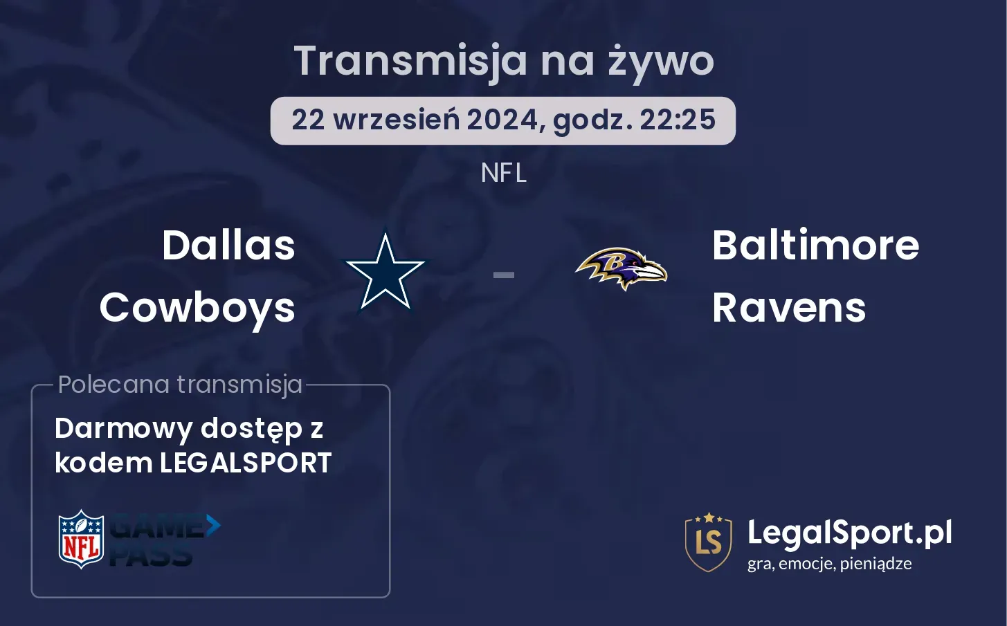 Dallas Cowboys - Baltimore Ravens gdzie oglądać? 22.09, godz. 22:25