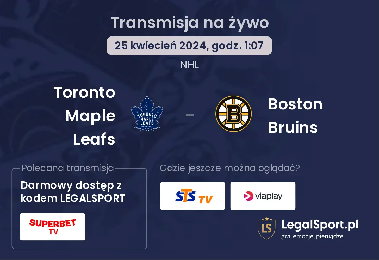 Toronto Maple Leafs - Boston Bruins transmisja na żywo