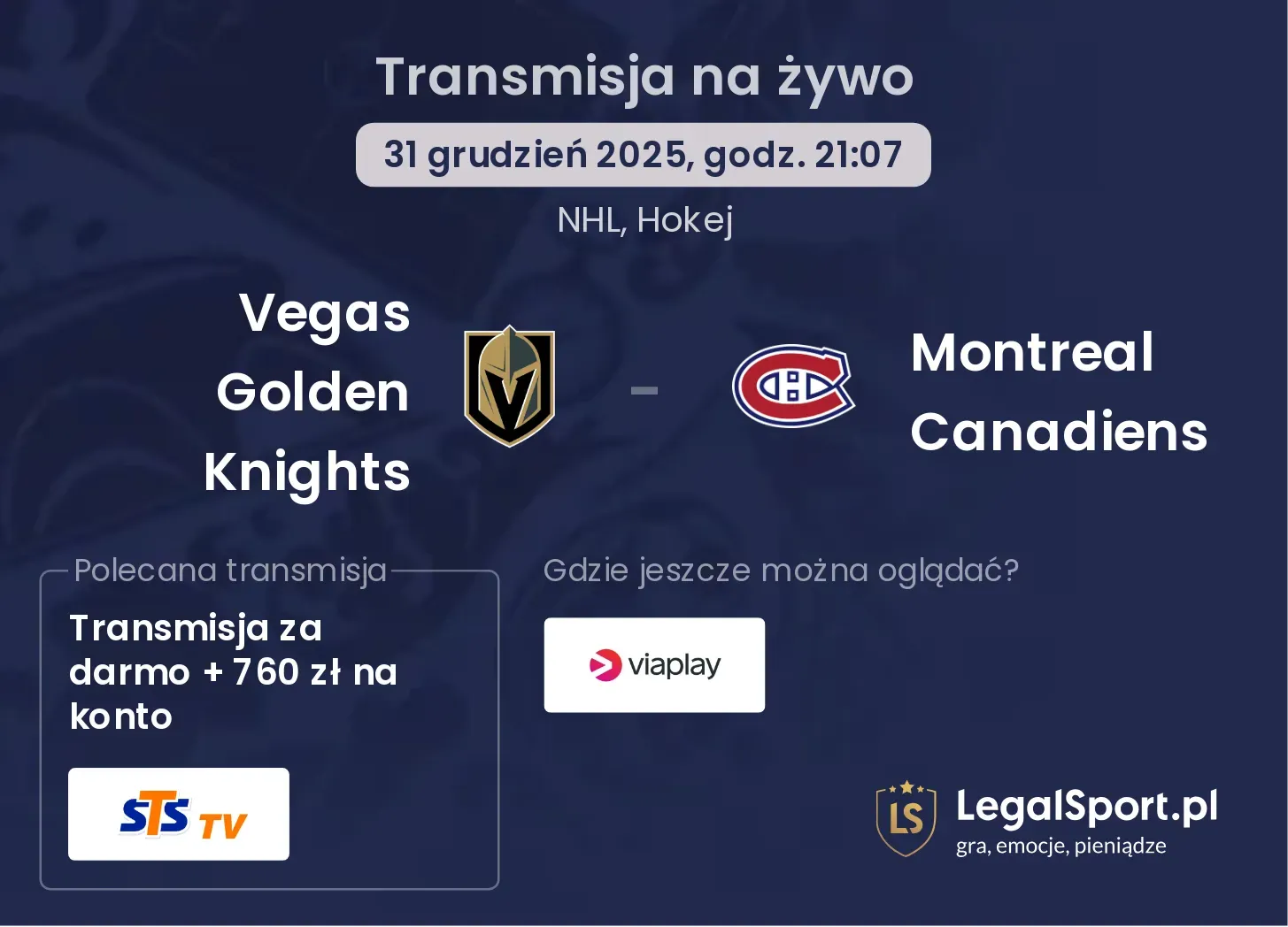 Vegas Golden Knights - Montreal Canadiens transmisja na żywo