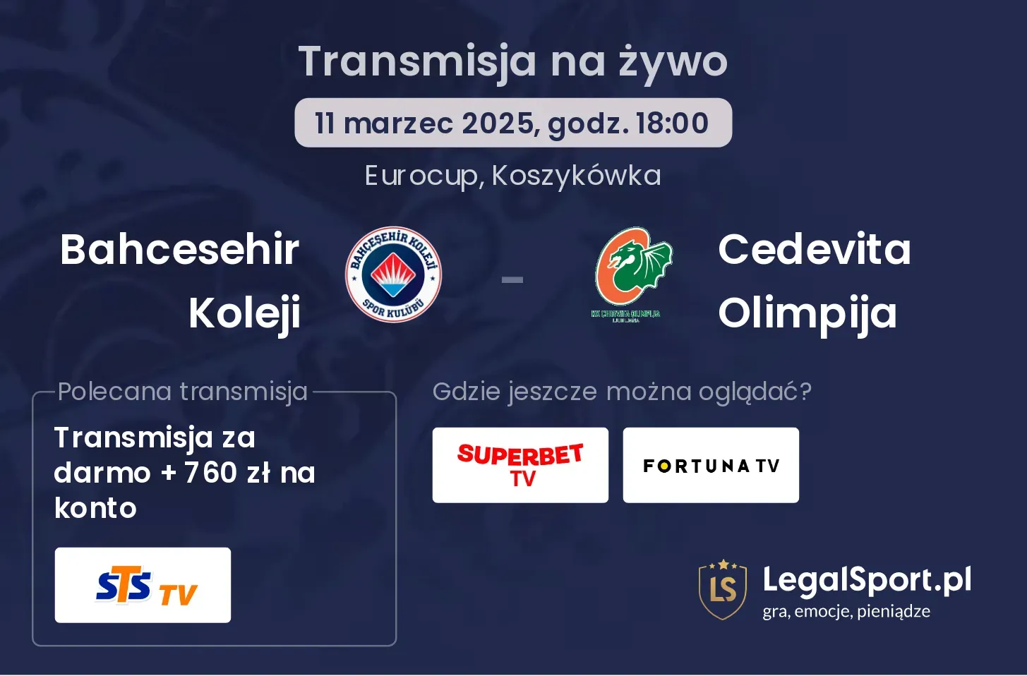 Bahcesehir Koleji - Cedevita Olimpija gdzie oglądać transmisję?