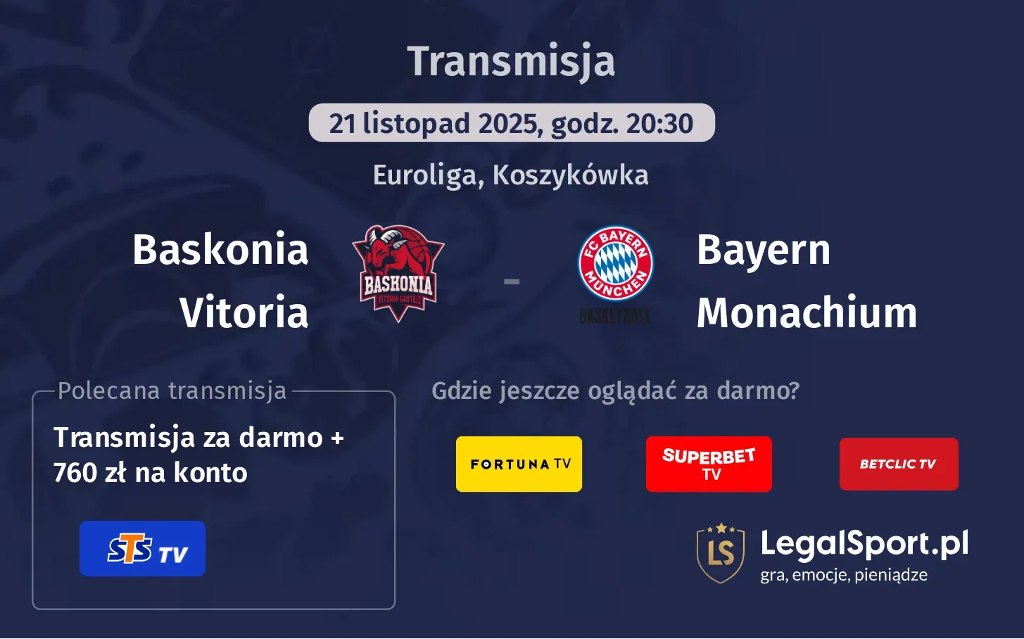 Baskonia Vitoria - Bayern Monachium Transmisje