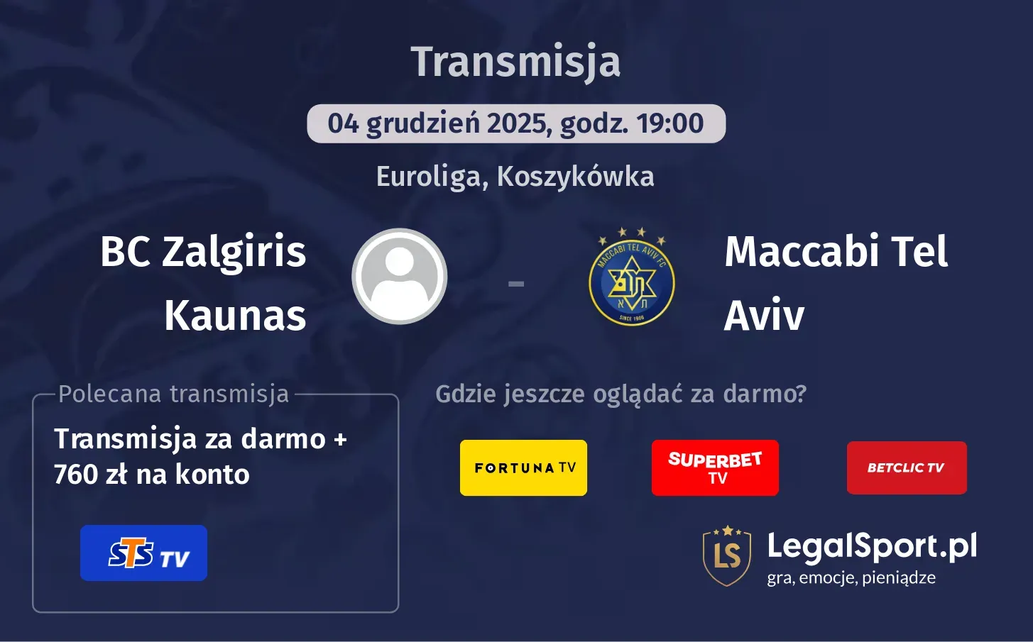 BC Zalgiris Kaunas - Maccabi Tel Aviv Transmisje