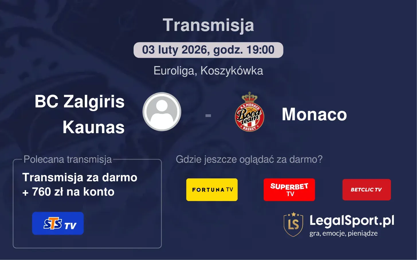 BC Zalgiris Kaunas - Monaco Transmisje