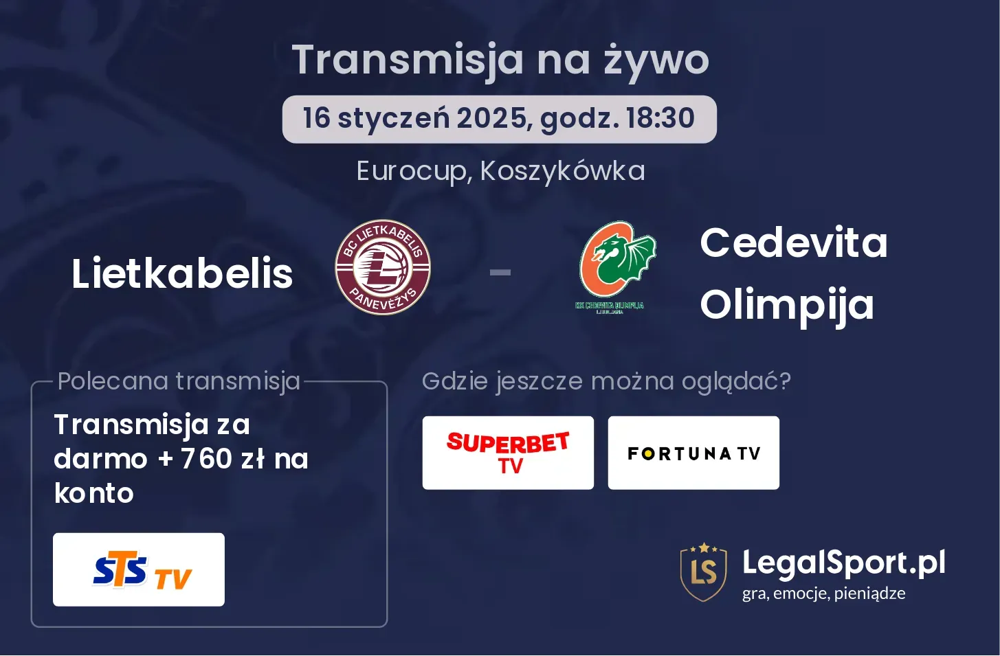 Lietkabelis - Cedevita Olimpija gdzie oglądać?