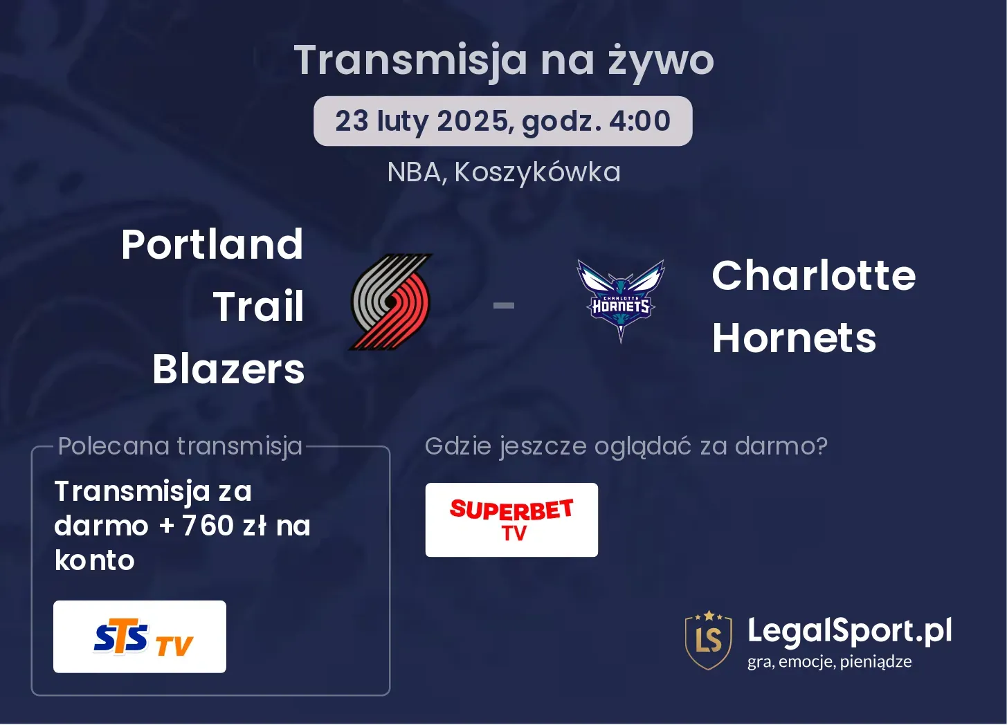 Portland Trail Blazers - Charlotte Hornets gdzie oglądać transmisję?