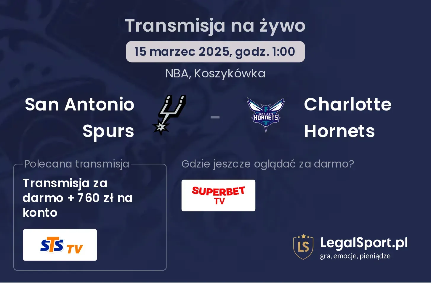 San Antonio Spurs - Charlotte Hornets gdzie oglądać transmisję?