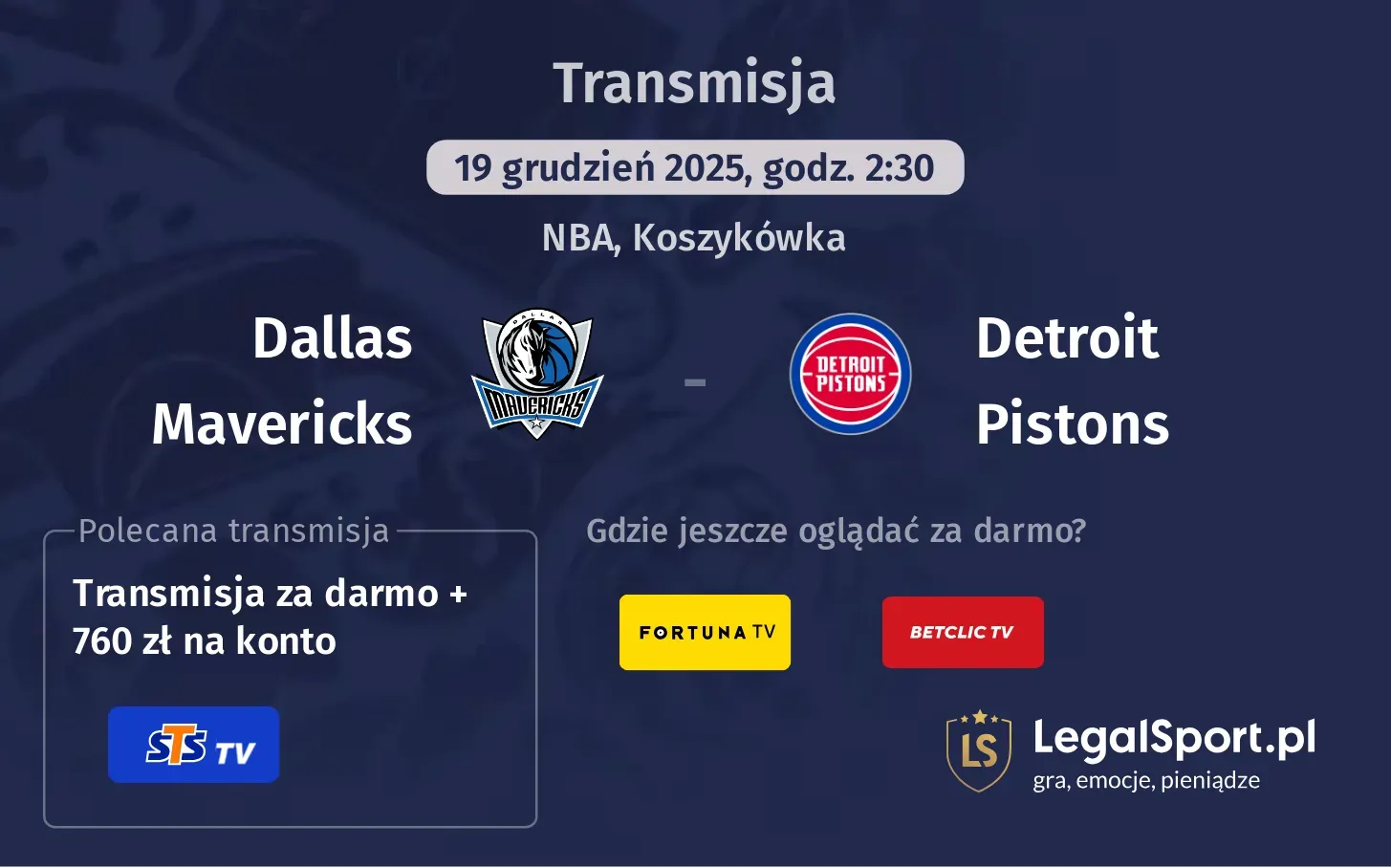 Dallas Mavericks - Detroit Pistons Transmisje