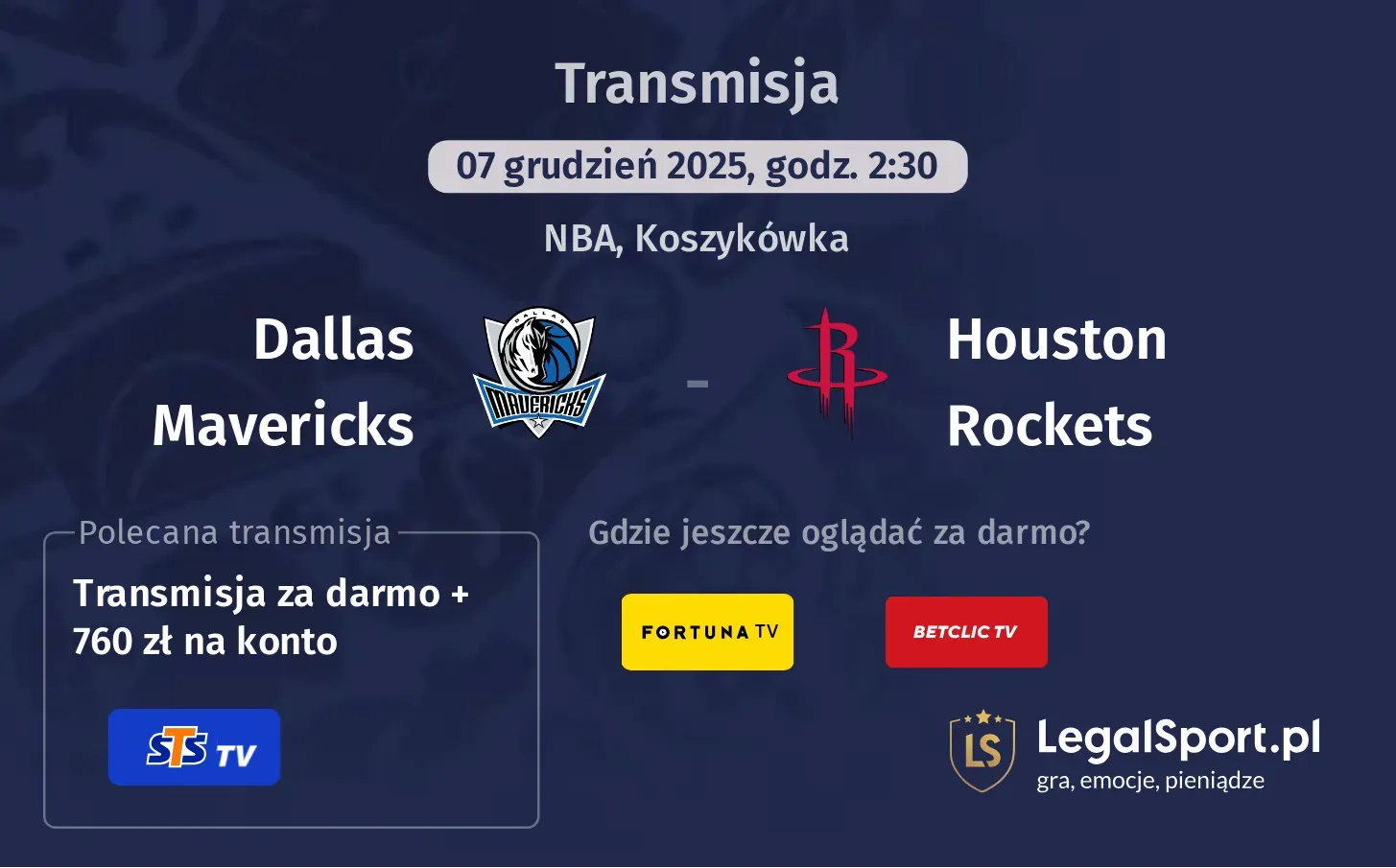 Dallas Mavericks - Houston Rockets Transmisje
