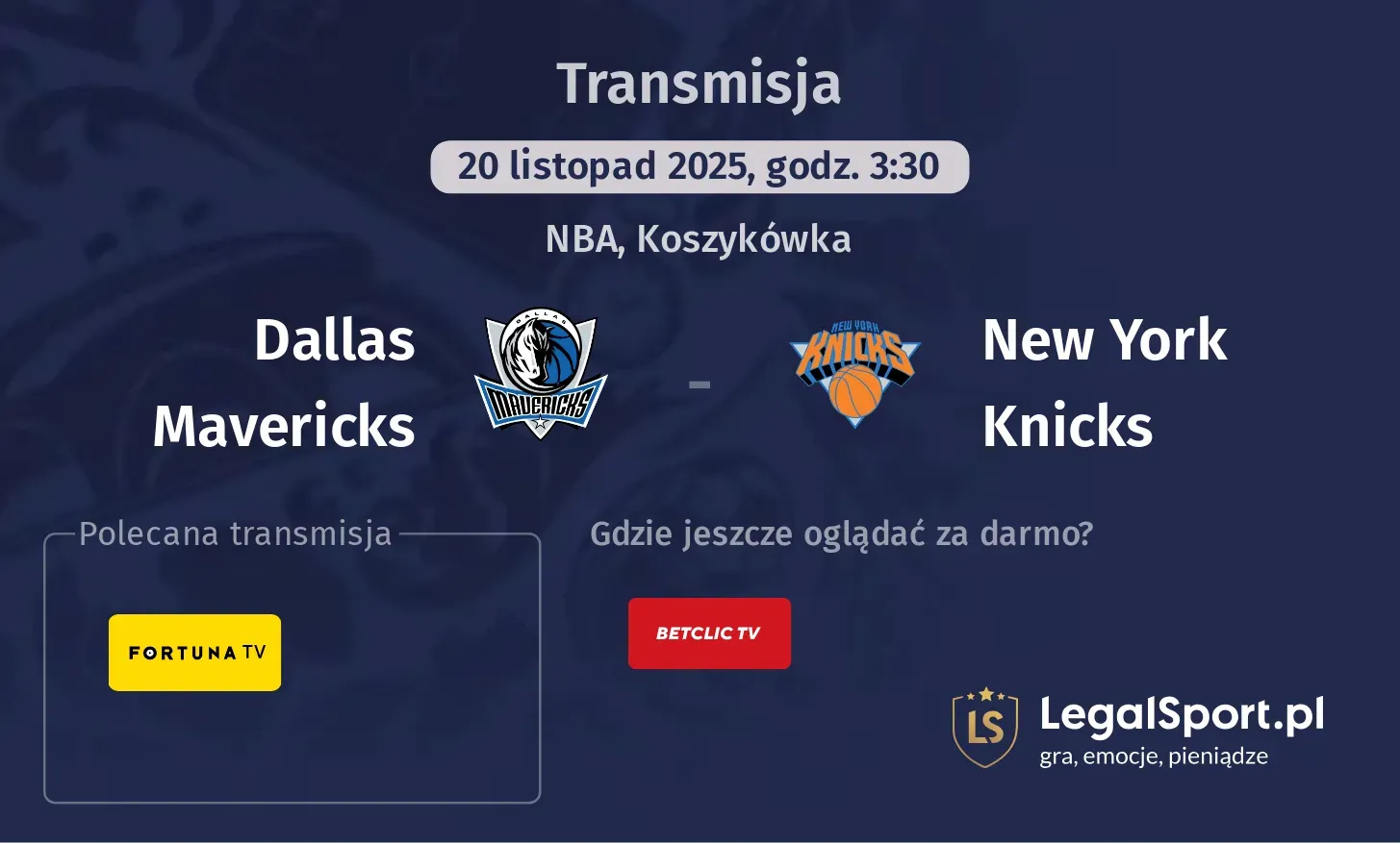 Dallas Mavericks - New York Knicks Transmisje