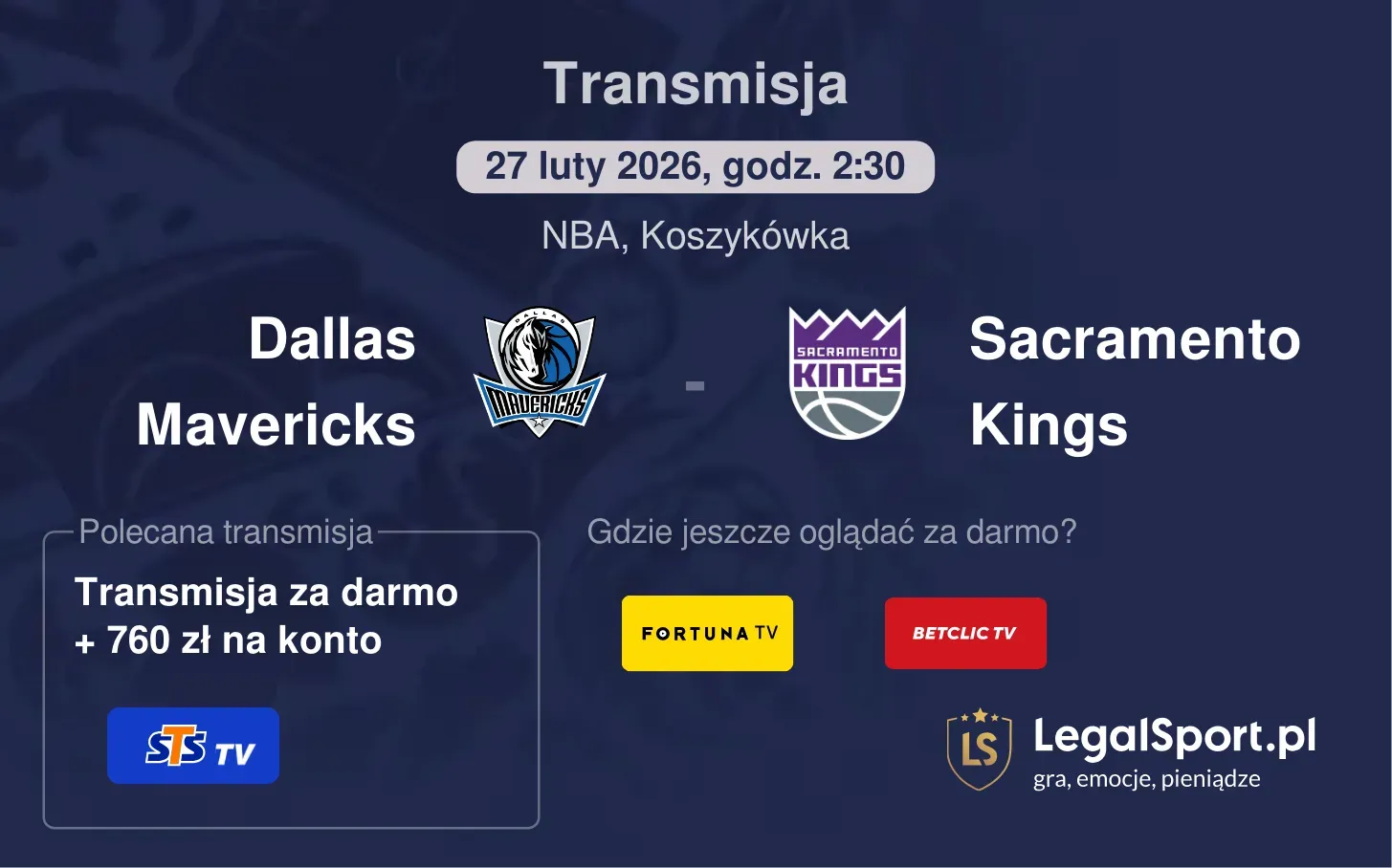 Dallas Mavericks - Sacramento Kings Transmisje