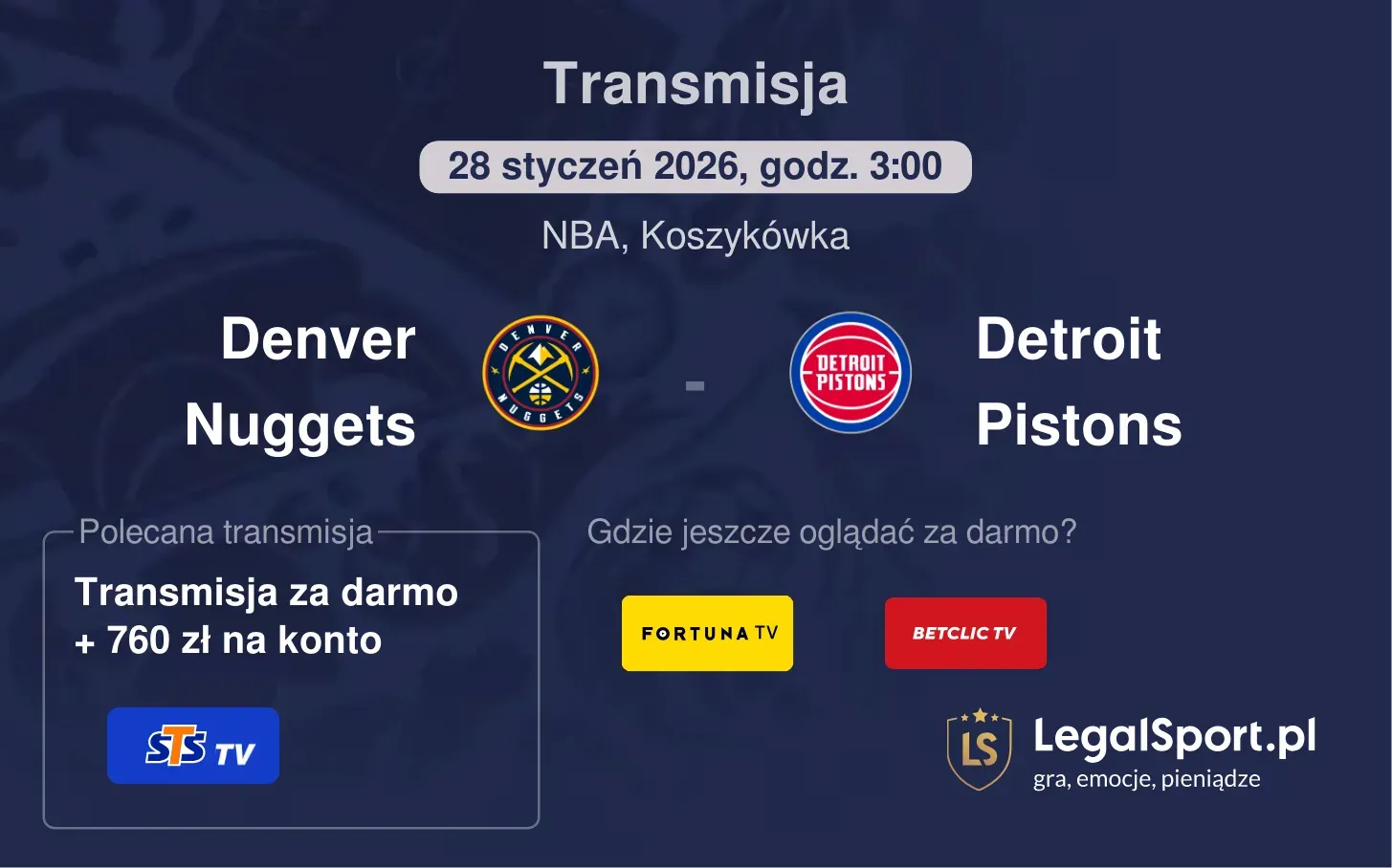 Denver Nuggets - Detroit Pistons Transmisje
