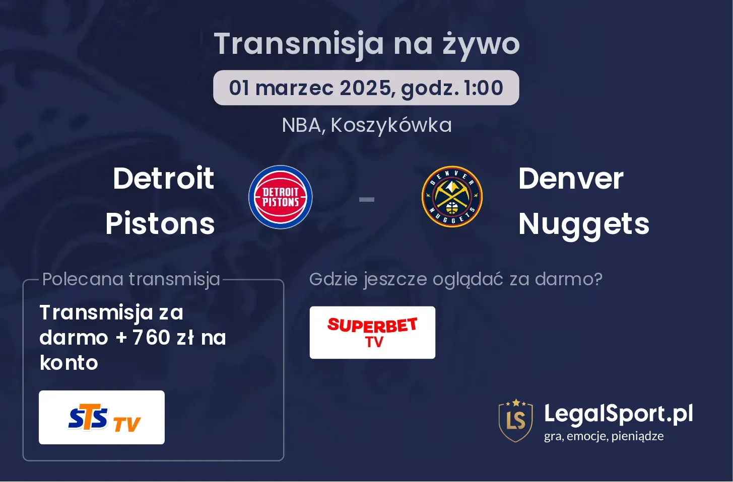 Detroit Pistons - Denver Nuggets gdzie oglądać transmisję?