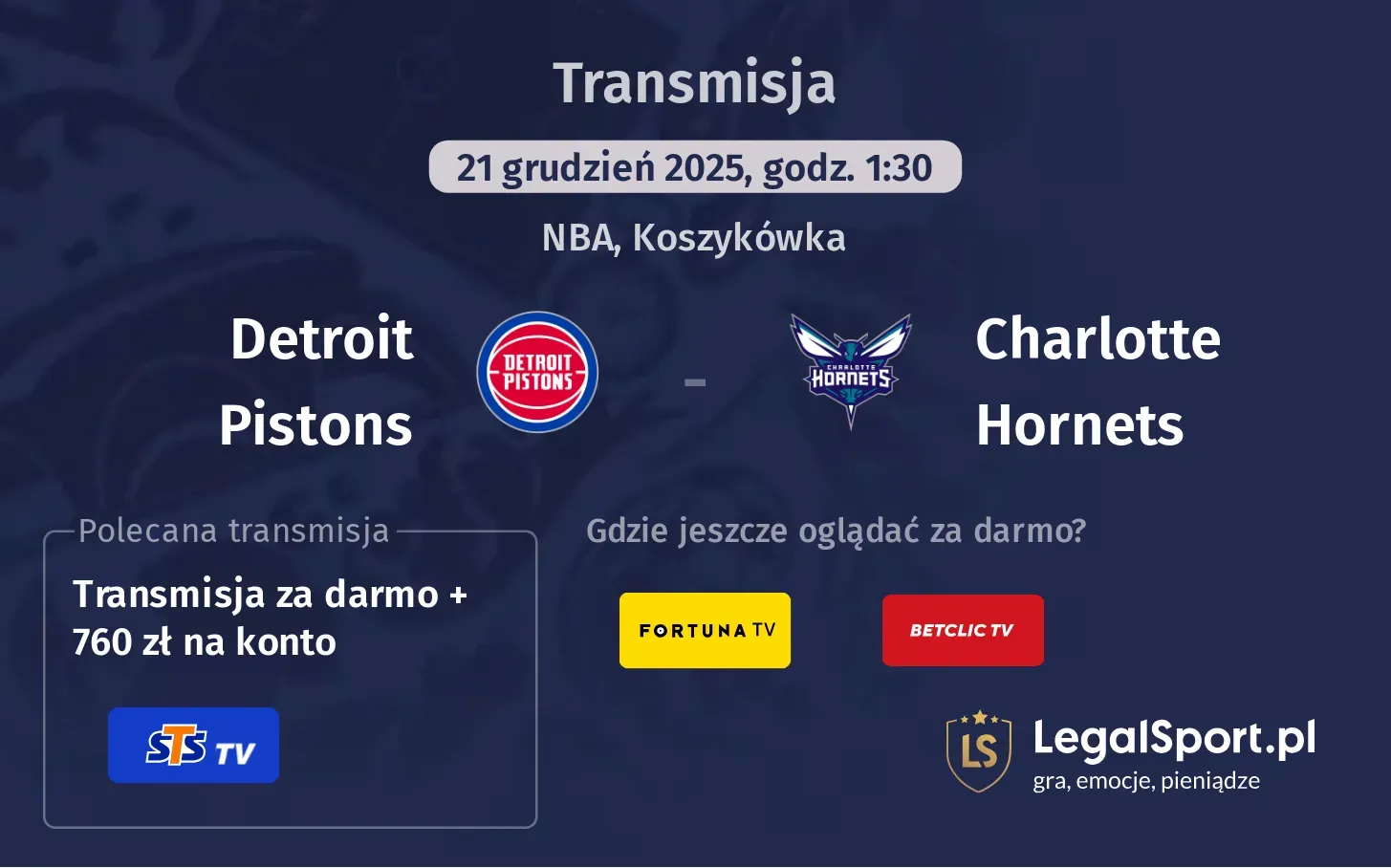 Detroit Pistons - Charlotte Hornets Transmisje
