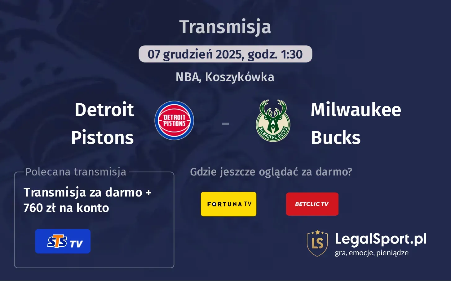 Detroit Pistons - Milwaukee Bucks Transmisje