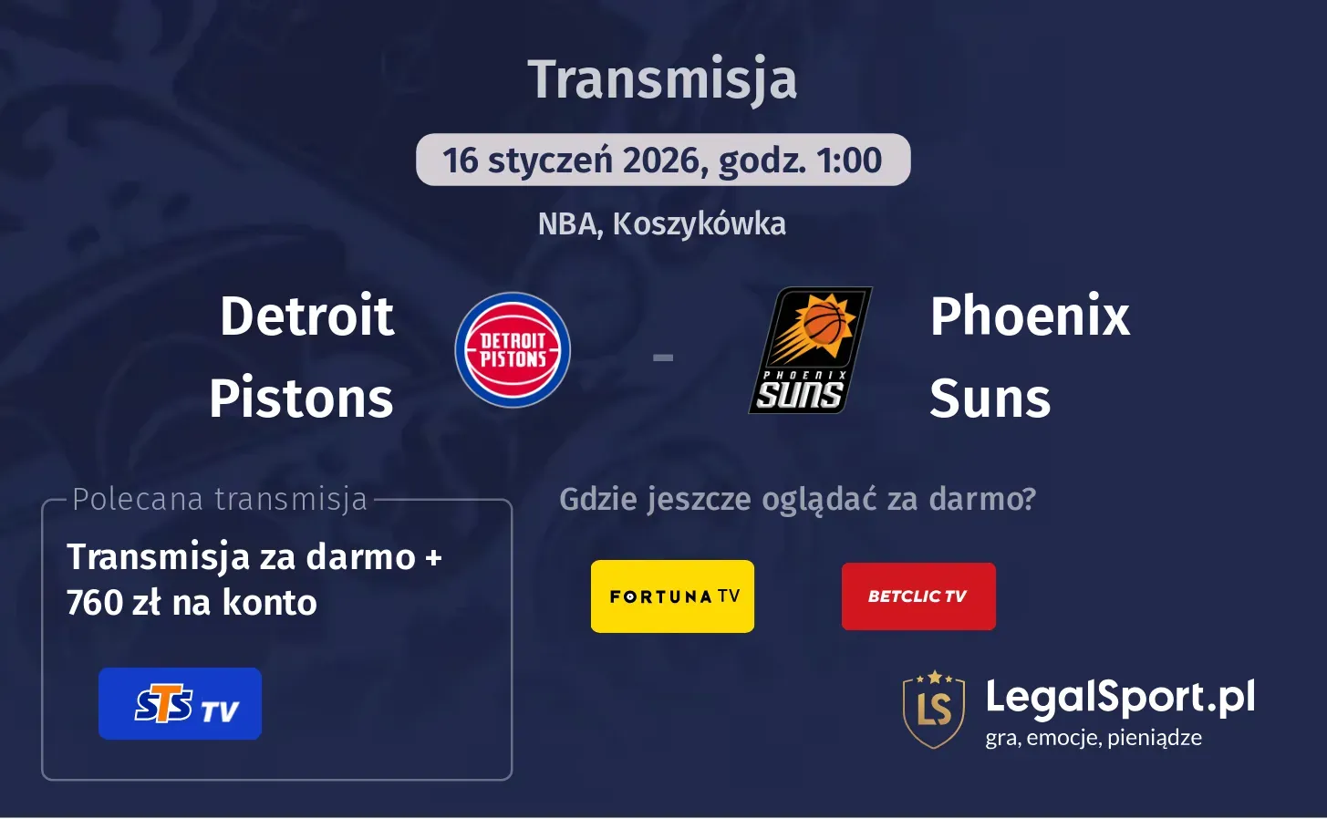 Detroit Pistons - Phoenix Suns Transmisje
